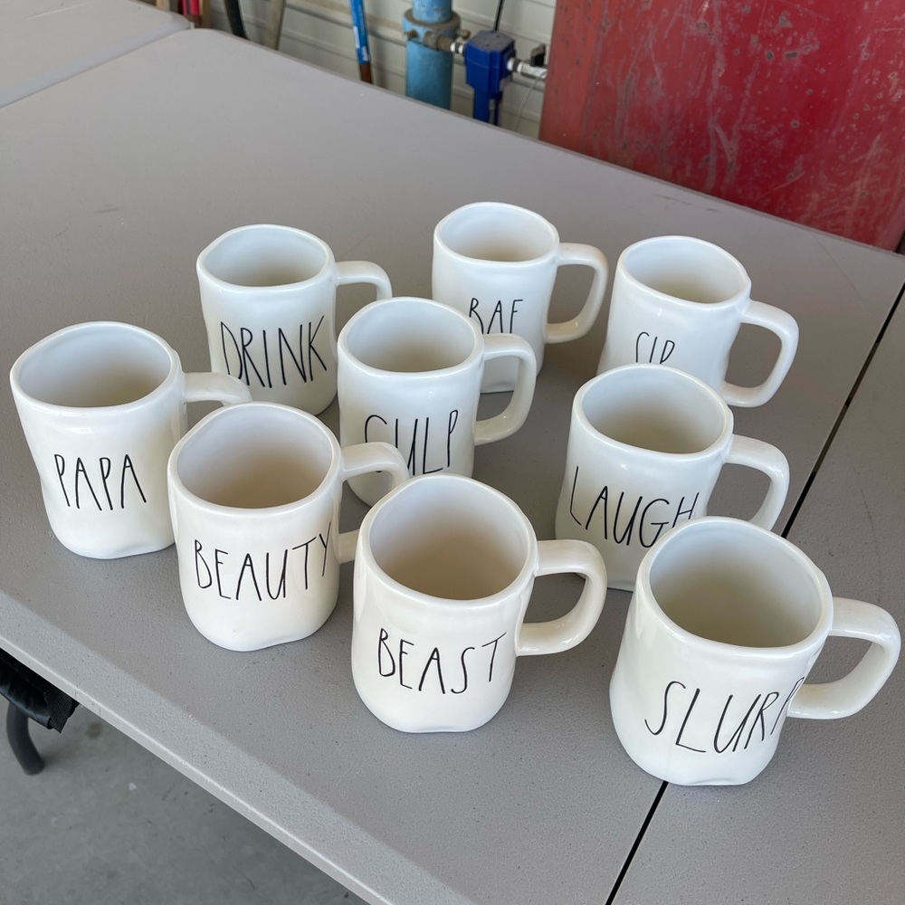 Rae Dunn White Ceramic Mug Collection with Playful Text